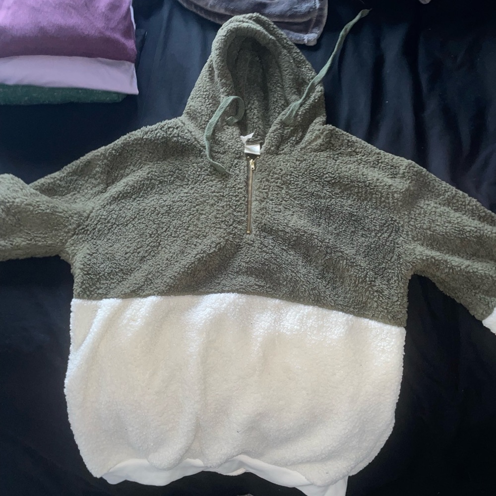 Green and white fuzzy quarter zip
